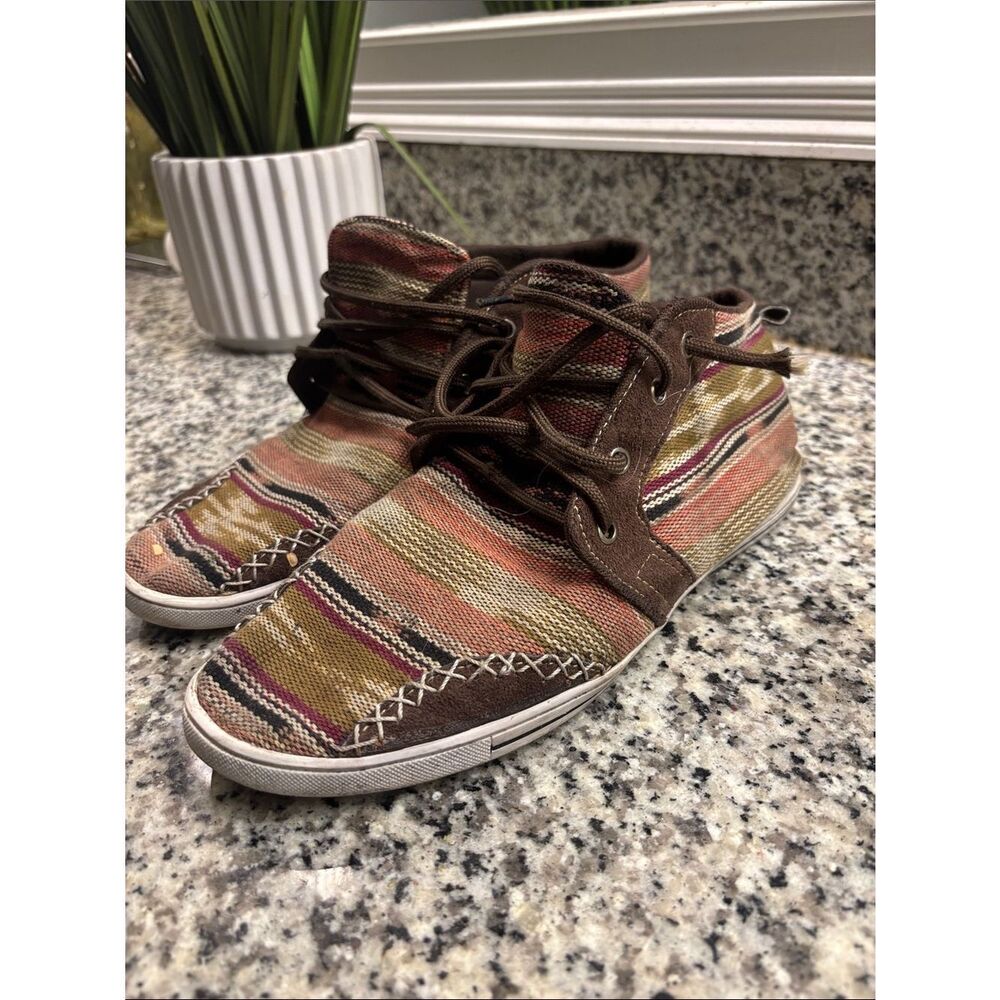 Striped Canvas High-Top Sneakers in Brown, Olive & Rust